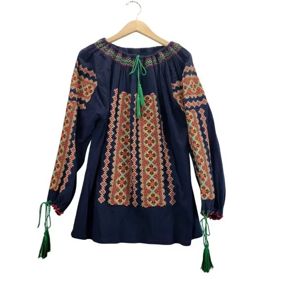 Ukrainian Traditional Blouse XXL Navy Colorful Geometric CrossStitch Embroidery - Picture 3 of 11